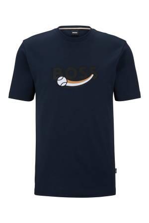 Aplikeli Ve Logo İşlemeli İnterlok Pamuklu Erkek T-Shirt - 50486205 Koyu Mavi - Thumbnail