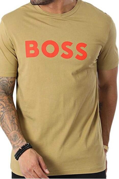 Baskılı Logolu Pamuklu Jarse Erkek T-Shirt - 50481923 Koyu Bej - 1