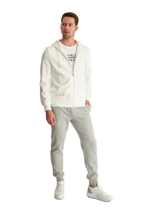 Beverly Hills Polo Club Erkek Şapkalı Önden Fermuarlı SweatShirt - 22SMF013350101 Ekru - Beverly Hills Polo Club