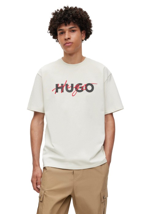 Hugo - Çift Logo Baskılı Pamuklu Erkek T-Shirt - 50494565 Ekru