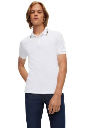 Çizgili Yakalı, Pamuklu Dar Kesim Polo T-Shirt - 50469360 Beyaz - Thumbnail