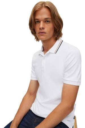Çizgili Yakalı, Pamuklu Dar Kesim Polo T-Shirt - 50469360 Beyaz - Thumbnail