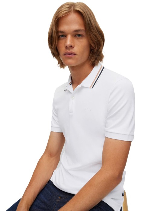 Çizgili Yakalı, Pamuklu Dar Kesim Polo T-Shirt - 50469360 Beyaz