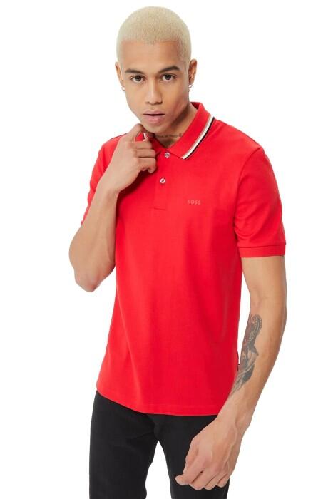 Boss - Çizgili Yakalı, Pamuklu Dar Kesim Polo T-Shirt - 50469360 Kırmızı