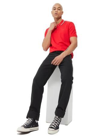 Çizgili Yakalı, Pamuklu Dar Kesim Polo T-Shirt - 50469360 Kırmızı - Thumbnail