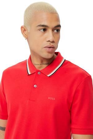 Çizgili Yakalı, Pamuklu Dar Kesim Polo T-Shirt - 50469360 Kırmızı - 4