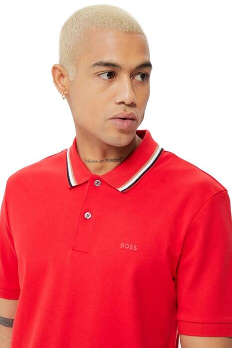 Çizgili Yakalı, Pamuklu Dar Kesim Polo T-Shirt - 50469360 Kırmızı - 4