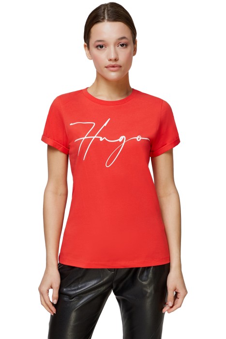 Hugo - El Yazısı Logolu Organik Pamuklu Dar Kesim T-Shirt - 50467249 Kırmızı