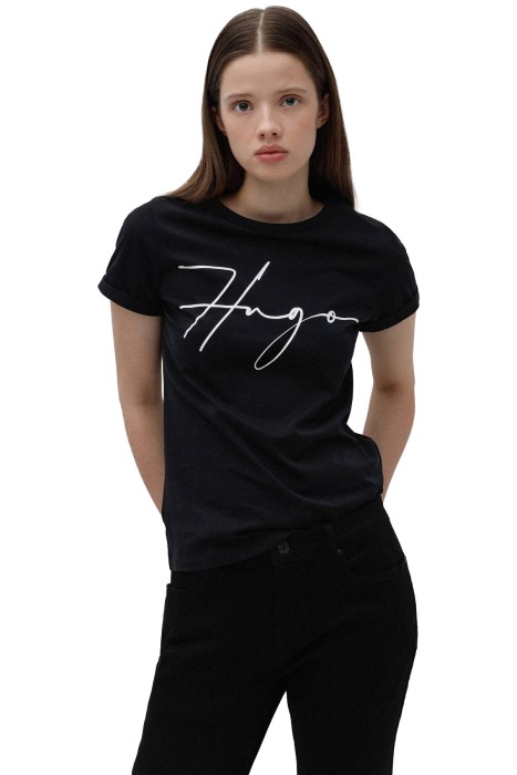 Hugo - El Yazısı Logolu Organik Pamuklu Dar Kesim T-Shirt - 50467249 Siyah