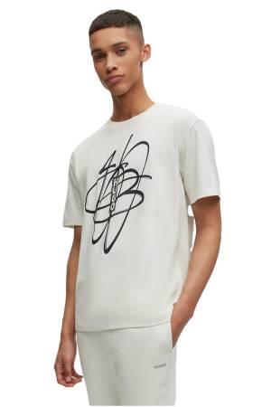 Grafiti Çizgili Pamuklu Erkek T-Shirt - 50494012 Ekru - Thumbnail