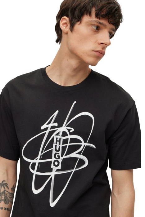 Grafiti Çizgili Pamuklu Erkek T-Shirt - 50494012 Siyah