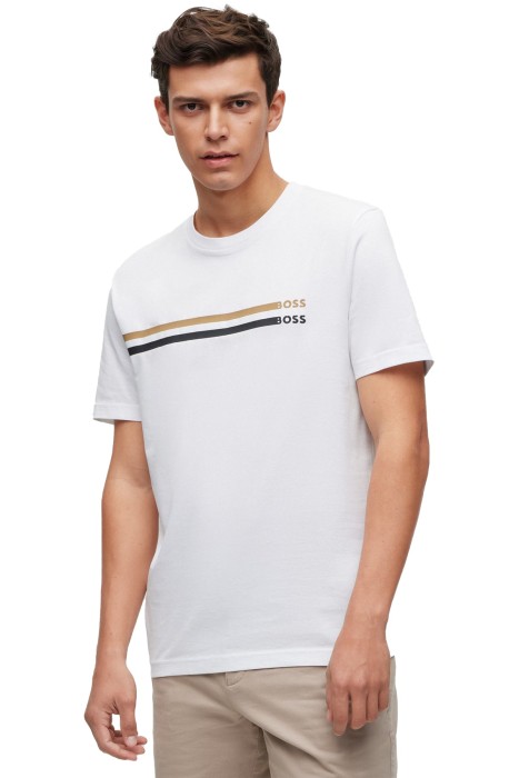 Boss - İmza Çizgili Logo Baskılı Erkek T-Shirt - 50486211 Beyaz