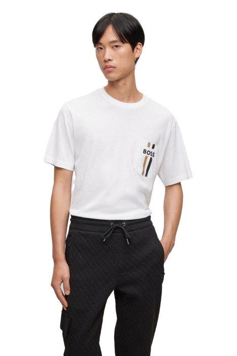 Boss - İmza Çizgili Ve Logolu Erkek T-Shirt -50494977 Beyaz