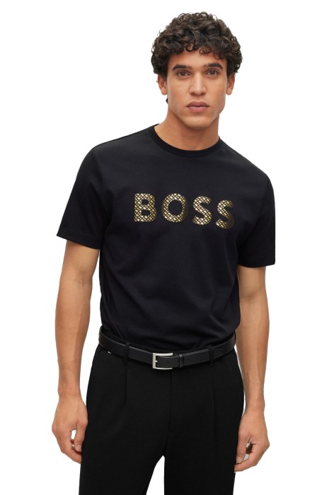 Boss - İnterlok Pamuklu Monogram Dolgulu Logolu Erkek T-Shirt - 50481590 Siyah