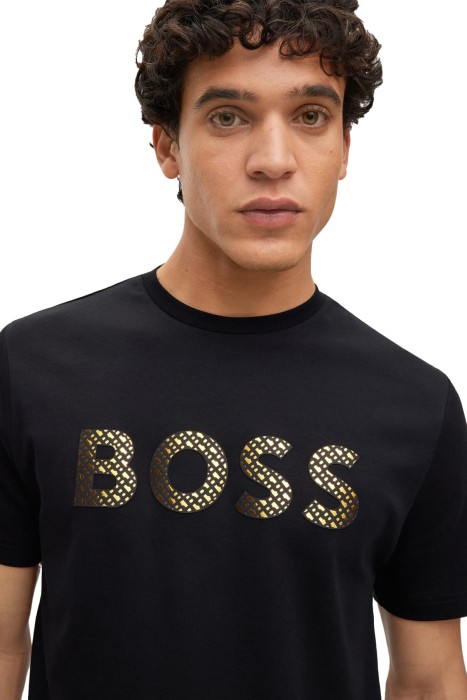 İnterlok Pamuklu Monogram Dolgulu Logolu Erkek T-Shirt - 50481590 Siyah