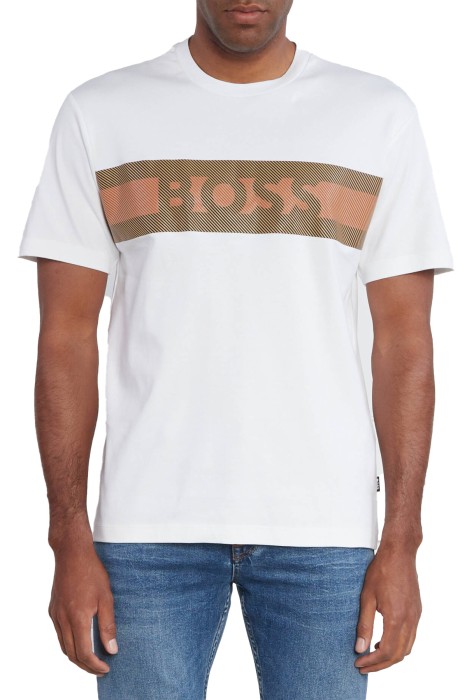 Boss - Kabarık Baskılı Çizgili Ve Logolu İnterlok Pamuklu Erkek T-Shirt - 50495687 Beyaz