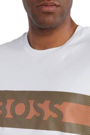 Kabarık Baskılı Çizgili Ve Logolu İnterlok Pamuklu Erkek T-Shirt - 50495687 Beyaz - Thumbnail