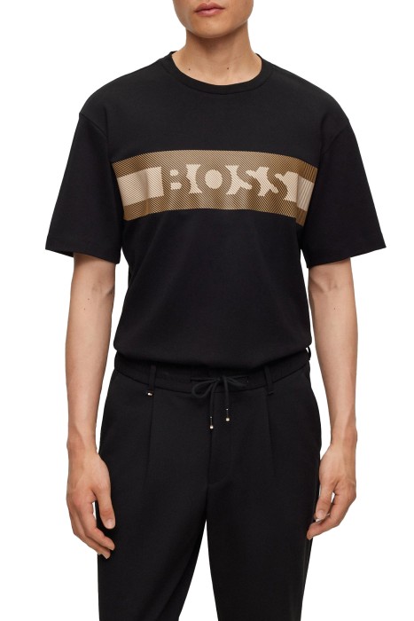Boss - Kabarık Baskılı Çizgili Ve Logolu İnterlok Pamuklu Erkek T-Shirt - 50495687 Siyah