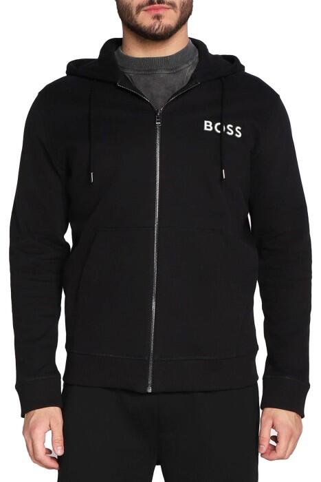 Boss - Kontrast Logolu Fermuarlı Kapüşonlu Erkek SweatShirt - 50483708 Siyah