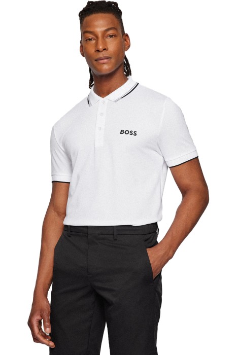 Boss - Kontrast Logolu, Pamuk Karışımlı Polo T-Shirt - 50469102 Beyaz