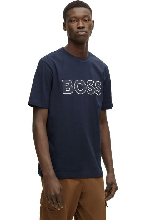 Boss - Kontrast Logolu Streç Pamuklu Erkek T-Shirt - 50483711 Koyu Mavi