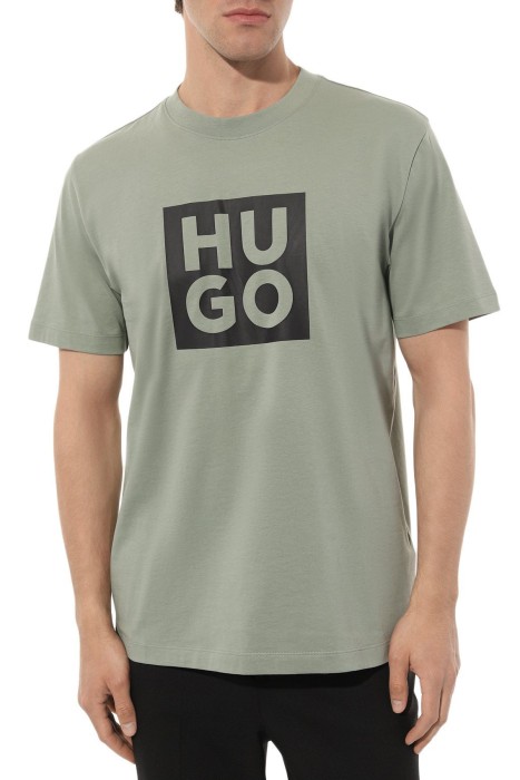 Hugo - Logo Baskılı Organik Pamuklu Erkek T-Shirt - 50473891 Haki