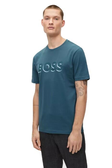 Boss - Logo Baskılı, Pamuklu Erkek T-Shirt - 50481611 Turkuaz