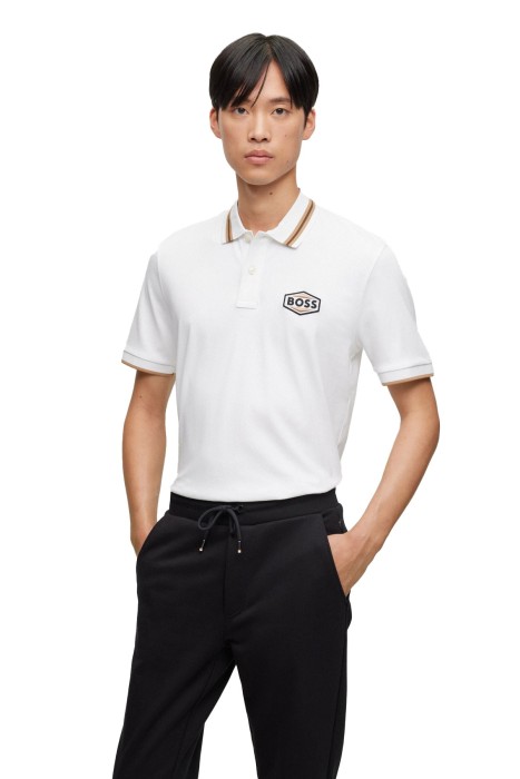 Boss - Logo Rozetli Merselize Pamuklu Erkek Polo T-Shirt - 50495553 Beyaz