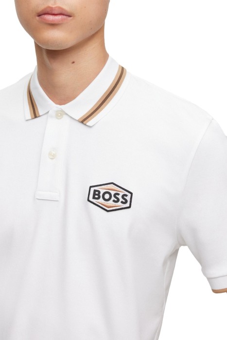 Logo Rozetli Merselize Pamuklu Erkek Polo T-Shirt - 50495553 Beyaz