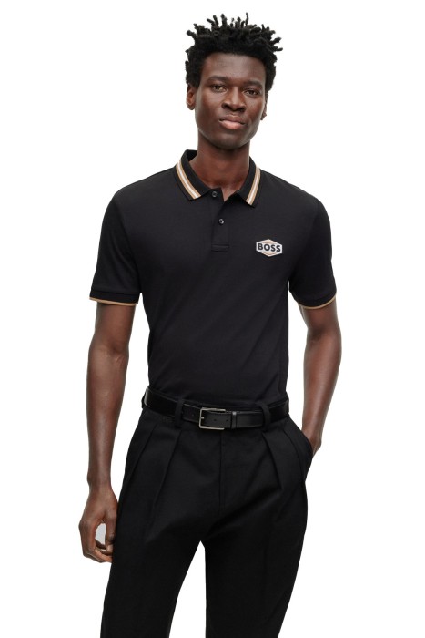 Boss - Logo Rozetli Merselize Pamuklu Erkek Polo T-Shirt - 50495553 Siyah