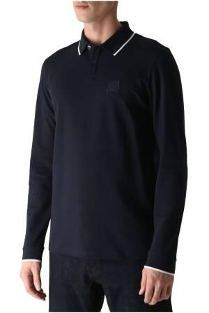 Logo Yamalı, Uzun Kollu Streç Pamuklu Erkek Polo T-Shirt - 50484860 Koyu Mavi - Thumbnail