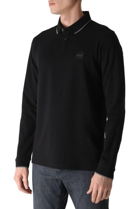 Logo Yamalı, Uzun Kollu Streç Pamuklu Erkek Polo T-Shirt - 50484860 Siyah