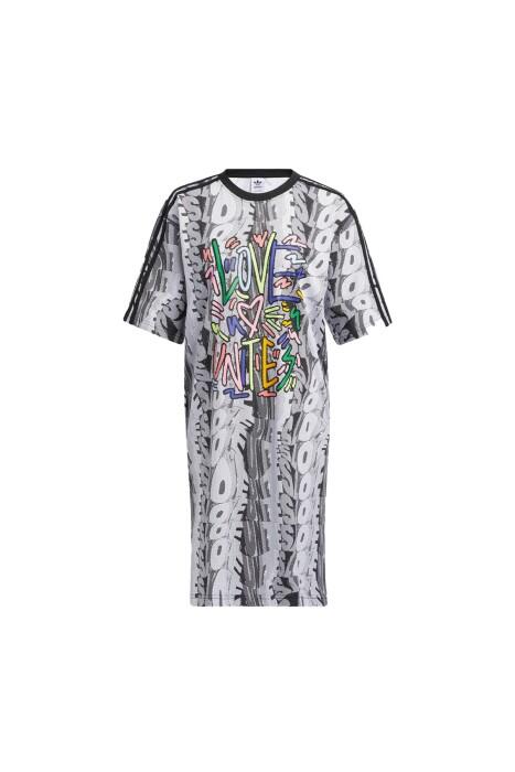 Love Unites Doodle Kadın T-Shirt Elbise - HC3083 Beyaz/Gri - 3