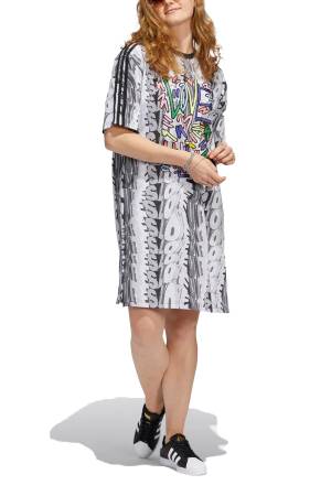 Love Unites Doodle Kadın T-Shirt Elbise - HC3083 Beyaz/Gri - 4