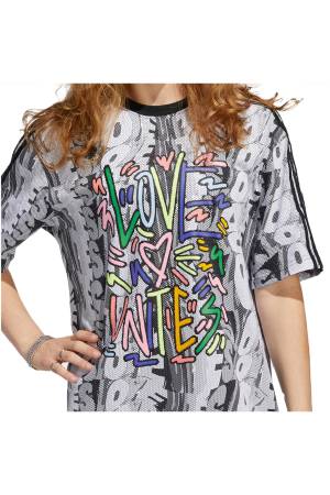 Love Unites Doodle Kadın T-Shirt Elbise - HC3083 Beyaz/Gri - 5