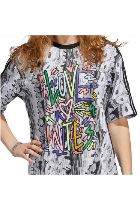 Love Unites Doodle Kadın T-Shirt Elbise - HC3083 Beyaz/Gri - 5