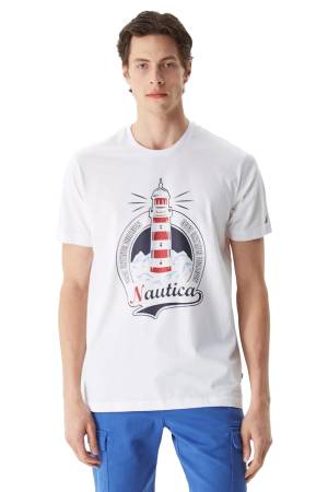Nautica Baskılı Erkek T-Shirt - V35531T Beyaz - Thumbnail