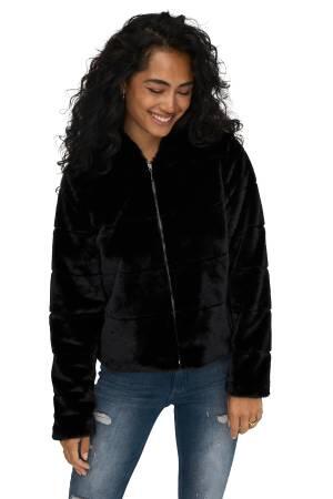 Onlnewchrıs Fur Hooded Kadın Ceket - 15304759 Siyah - Thumbnail