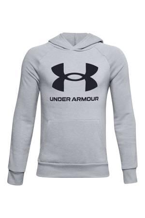 Ua Rival Fleece Hoodie Kapüşonlu Erkek Çocuk SweatShirt - 1357585 Gri/Siyah - Thumbnail